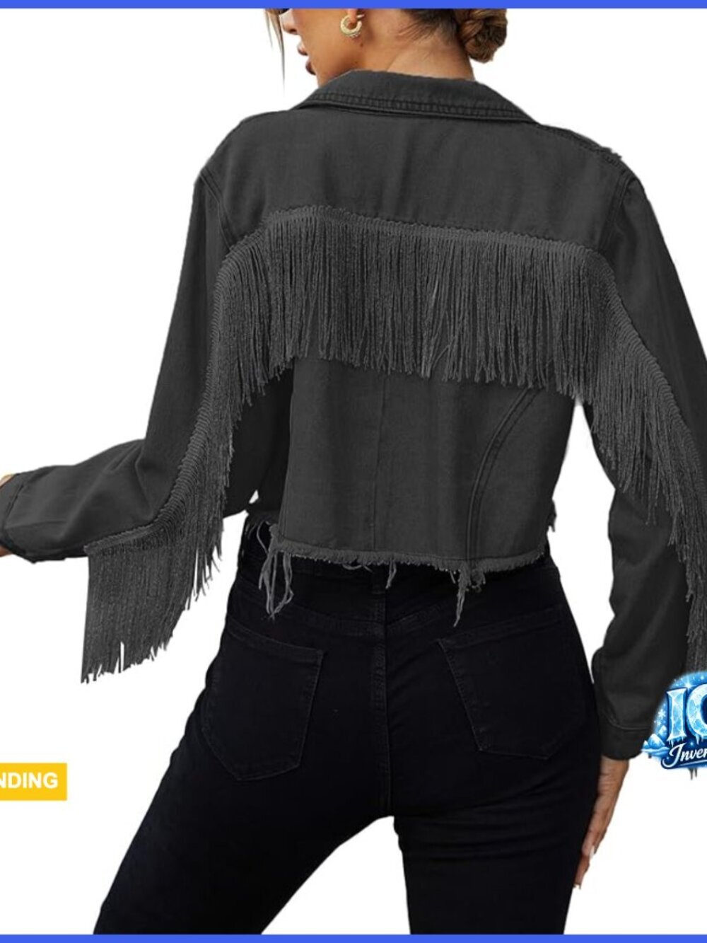 Distressed Cropped Denim Jacket with Fringe Trim Long Sleeve